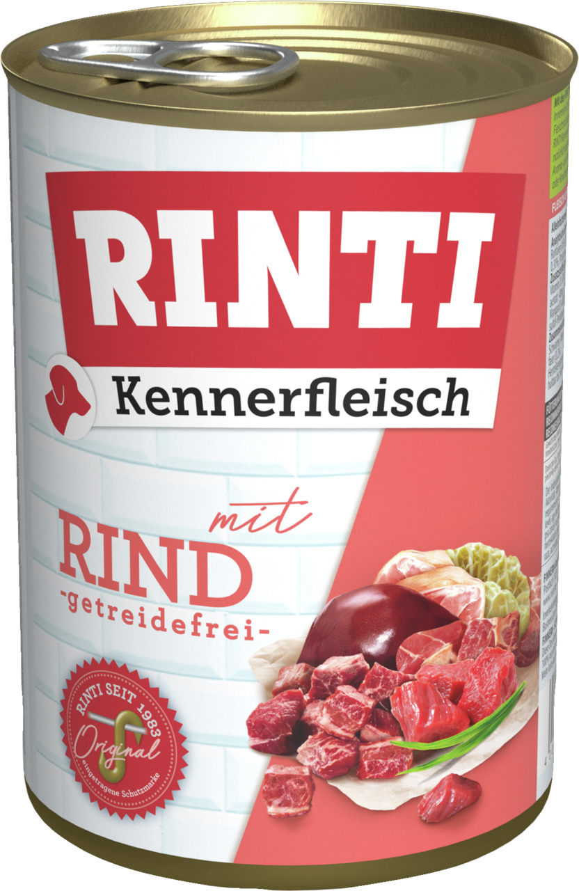 RINTI Kennerfleisch Rind, getreidefrei, für Hunde, 800 g, mit frischen Fleischstücken, „RINTI seit 1983 – Original“.