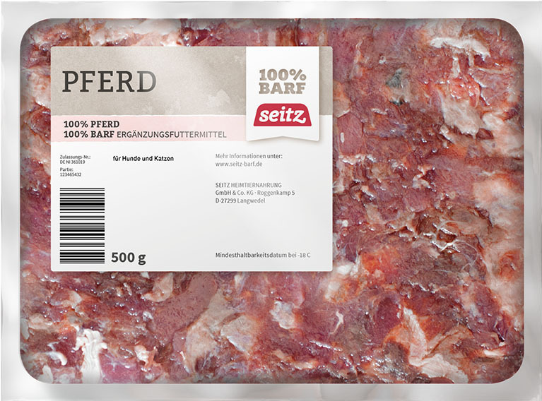 Seitz 100% BARF Pferd, Ergänzungsfutter f. Hunde/Katzen, 500 g reines Pferdefleisch, natürliche Zusammensetzung, Lagerung bei -18 °C.