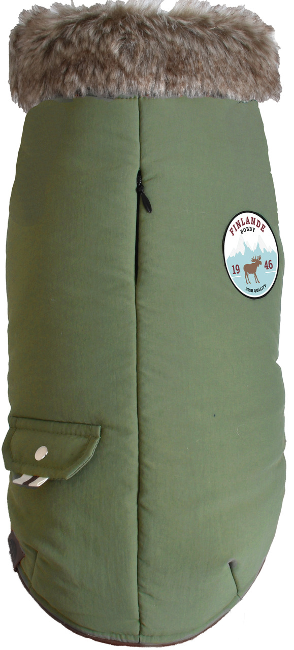 Grüner Hundemantel Bobby "Finlande" für kl.-mittelgr. Hunde, pelzähnl. Innenfutter, Elch-Logo, Tasche, ideal f. Winter.