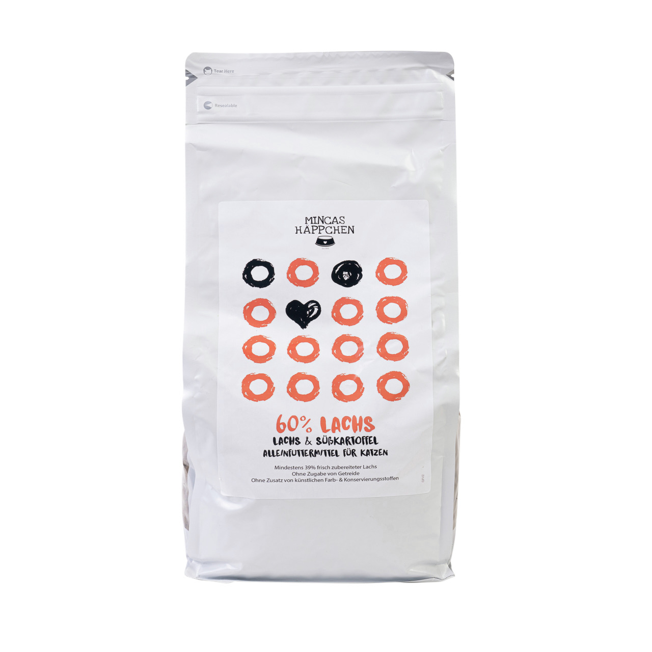 MINCAS HÄPPCHEN Katzenfutter, Lachs & Süßkartoffel, 60 % Lachs, ohne künstl. Farb- & Konservierungsstoffe, Alleinfutter.