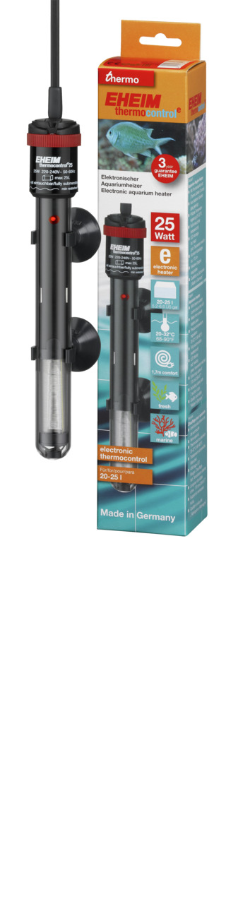 Das Bild zeigt den EHEIM Thermocontrol Aquarium-Heizer mit 25 Watt Leistung, geeignet für Aquarien von 20 bis 25 Litern. Der schwarze Heizer verfügt über zwei Saugnäpfe zur Befestigung und wird mit einer farbigen Verpackung präsentiert. Die Verpackung heb