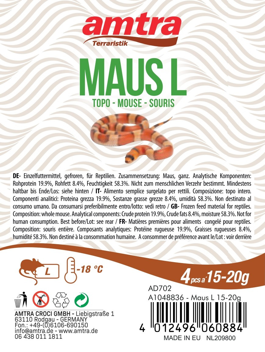 Das Bild zeigt die Verpackung des Produkts „amtra Terraristik MAUS L“. Es handelt sich um gefrorene Mäuse als Einzelfuttermittel für Reptilien. Die Zielgruppe sind Reptilienhalter. Die Verpackung enthält 4 Stück à 15–20 g. Analytische Werte: Rohprotein 19