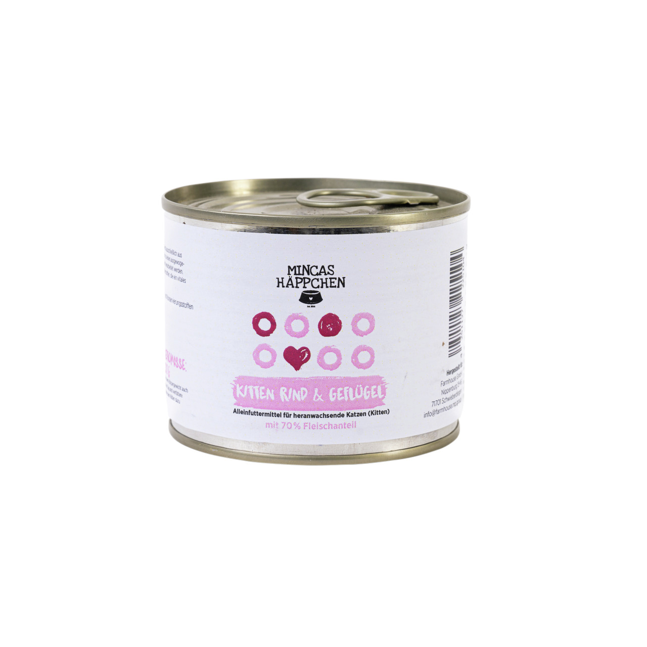 Mincas Häppchen Kitten Rind & Geflügel, Alleinfutter f. heranwachsende Katzen, 70 % Fleisch, weiße Verpackung m. rosa-violettem Design.