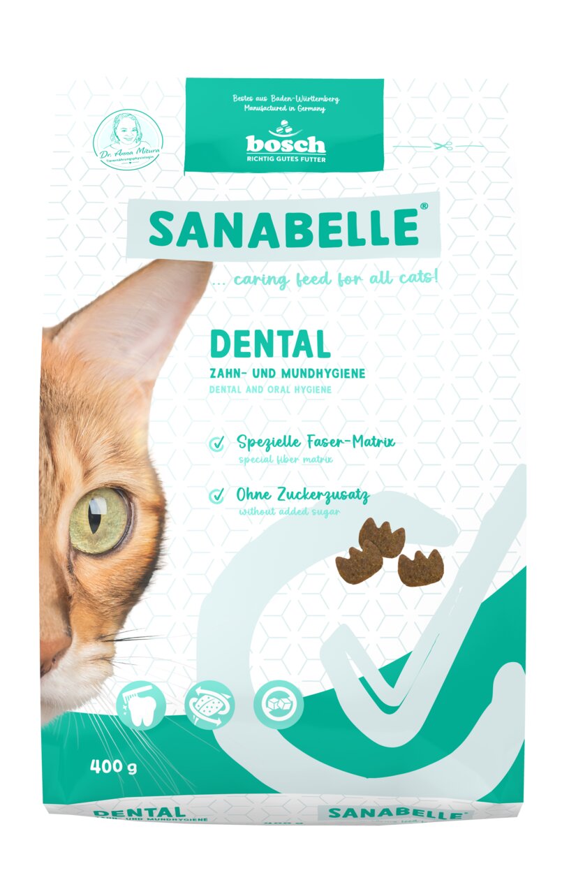 Sanabelle Dental (Bosch), Katzen, Zahnpflege, ohne Zuckerzusatz, 400 g, spezielle Faser-Matrix.