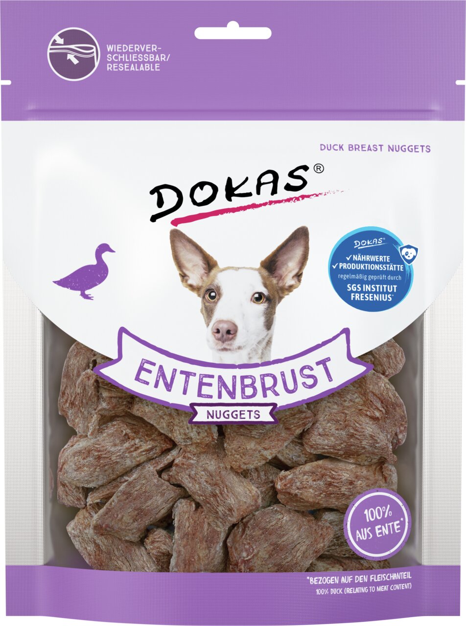DOKAS Entenbrust Nuggets für Hunde, Geschmack Ente (100 % Entenfleisch), SGS geprüft, wiederverschließbar, transparente Verpackung.