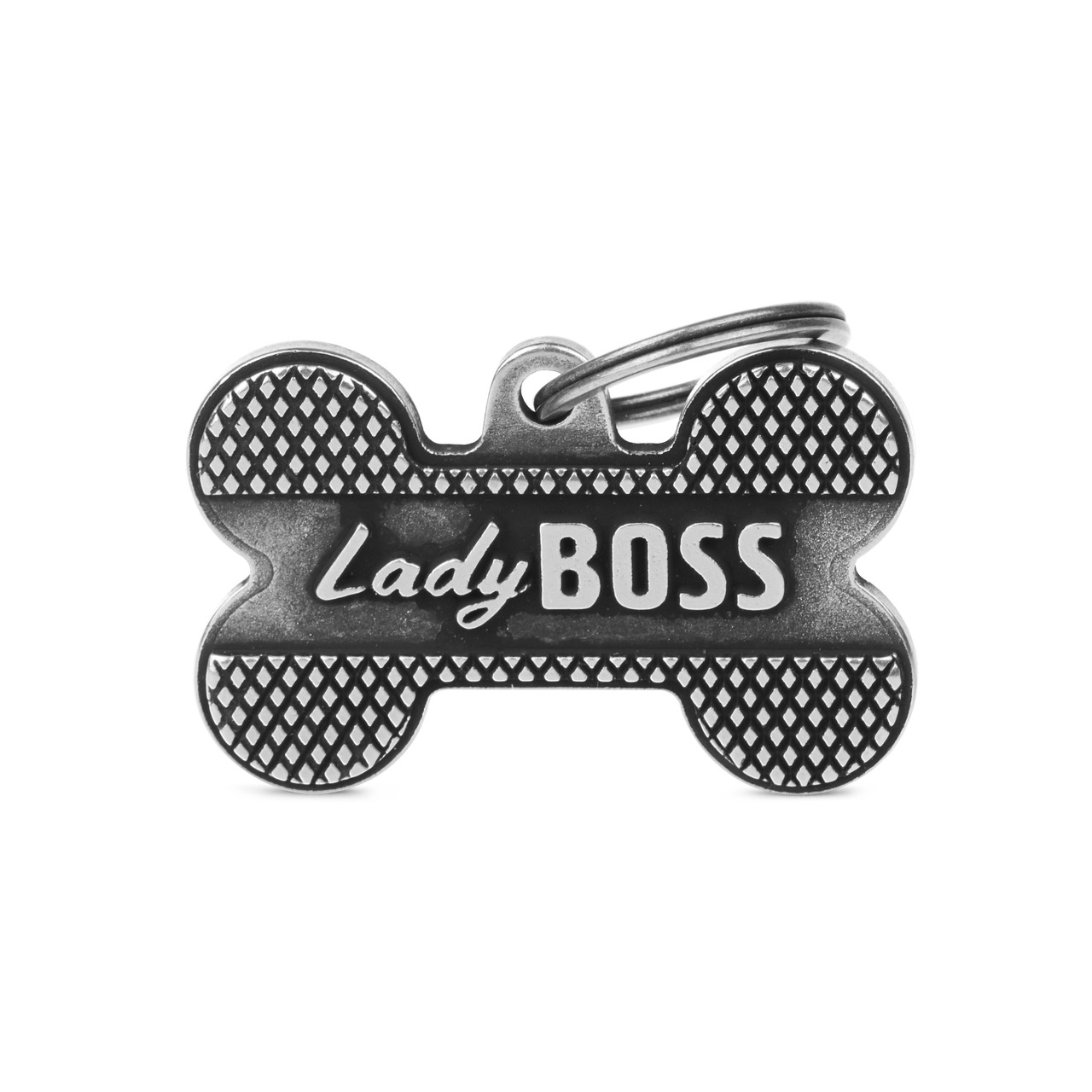 Metall-Hundemarke "My Family" Knochenform, silber, "Lady Boss", f. Hündinnen, stilvolles Accessoire, inkl. Schlüsselring.