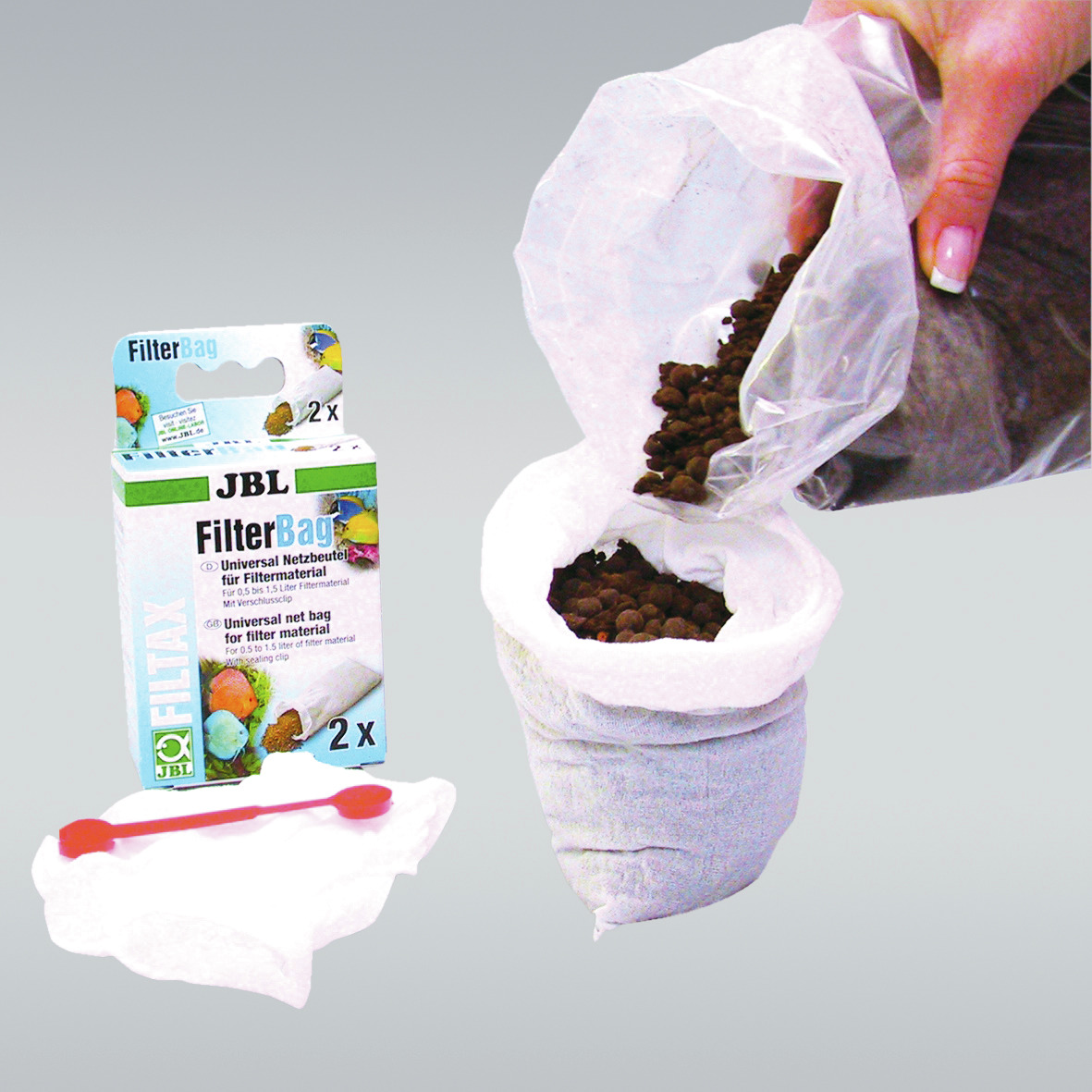 JBL FilterBag Universal Netzbeutel, für Aquarienbesitzer, 2 Beutel + rote Klammer, ideal für sauberes Wasser.