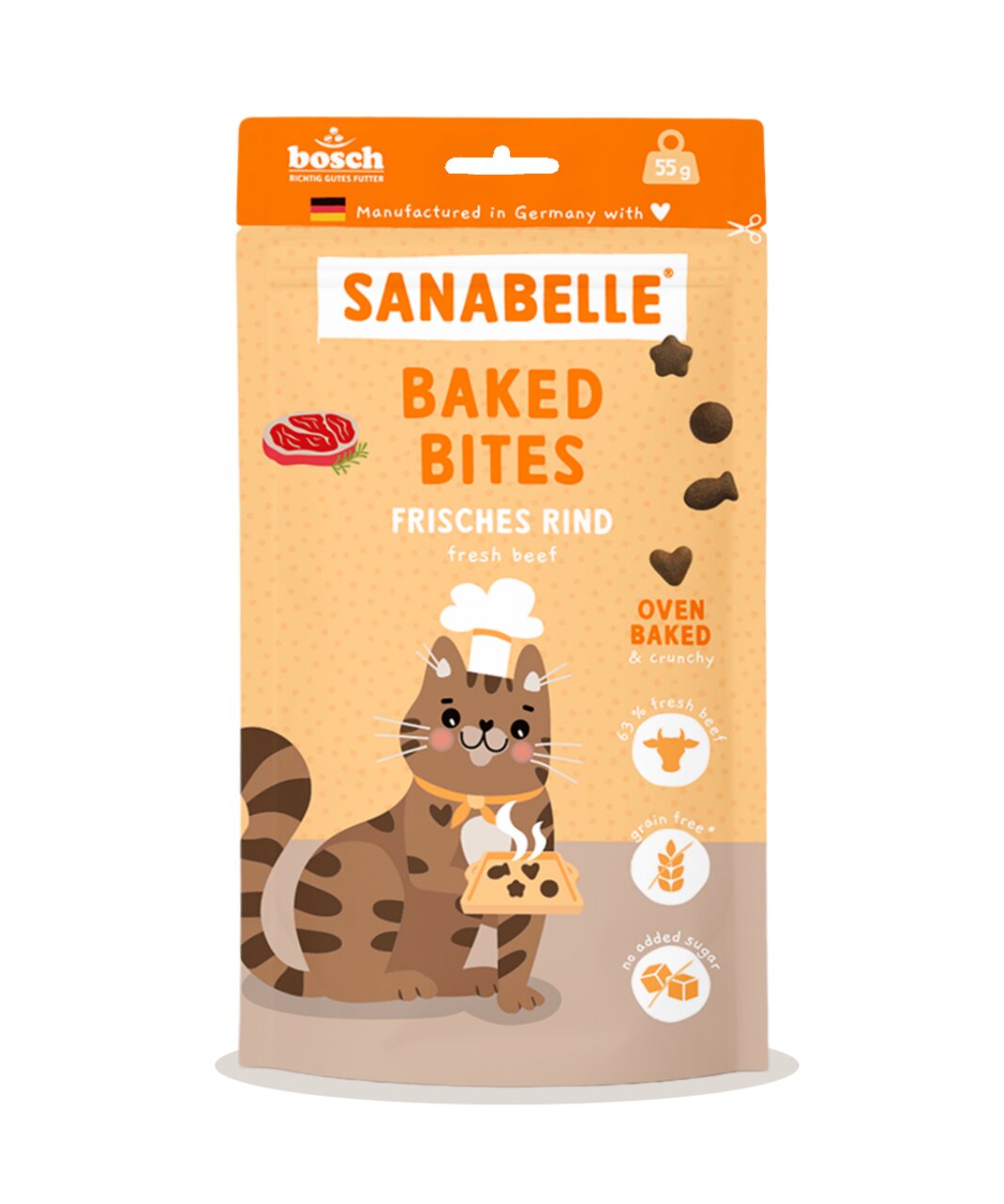 Sanabelle Baked Bites Frisches Rind, 55 g. Katzensnack, ofengebacken, getreidefrei, ohne Zuckerzusatz, mit 65 % frischem Rind.