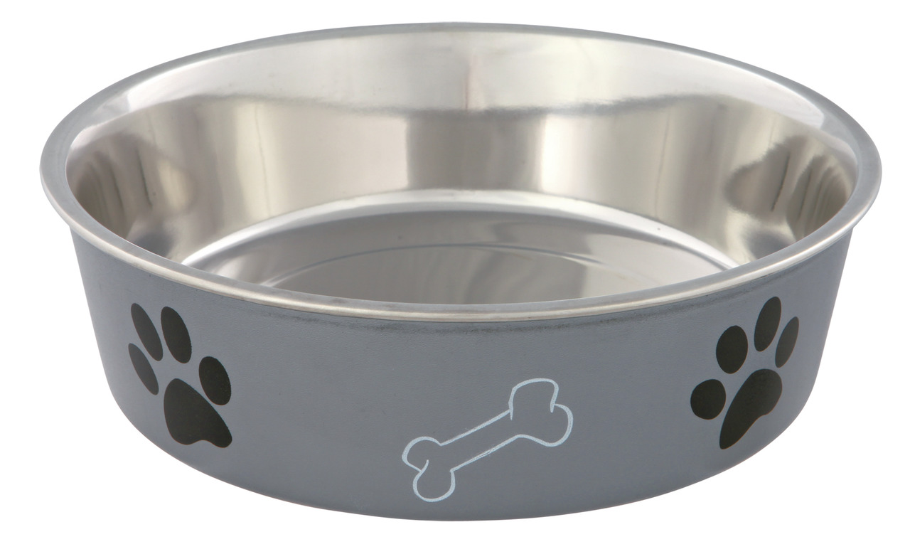 Grauer Futternapf der Marke TRIXIE aus Edelstahl mit schwarzem Pfoten- und Knochenmotiv. Geeignet für Hunde, ideal für Futter oder Wasser. Robustes, langlebiges Material, leicht zu reinigen. Fassungsvermögen und genaue Maße nicht auf dem Bild erkennbar. E