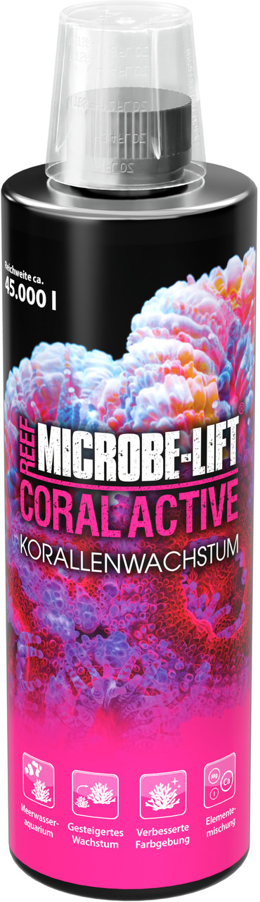 Das Bild zeigt eine schwarze Flasche des Produkts „MICROBE-LIFT Coral Active“ der Marke MICROBE-LIFT. Es handelt sich um ein Mittel zur Förderung des Korallenwachstums in Meerwasseraquarien. Die Flasche hat ein Fassungsvermögen von ca. 45.000 Litern und v