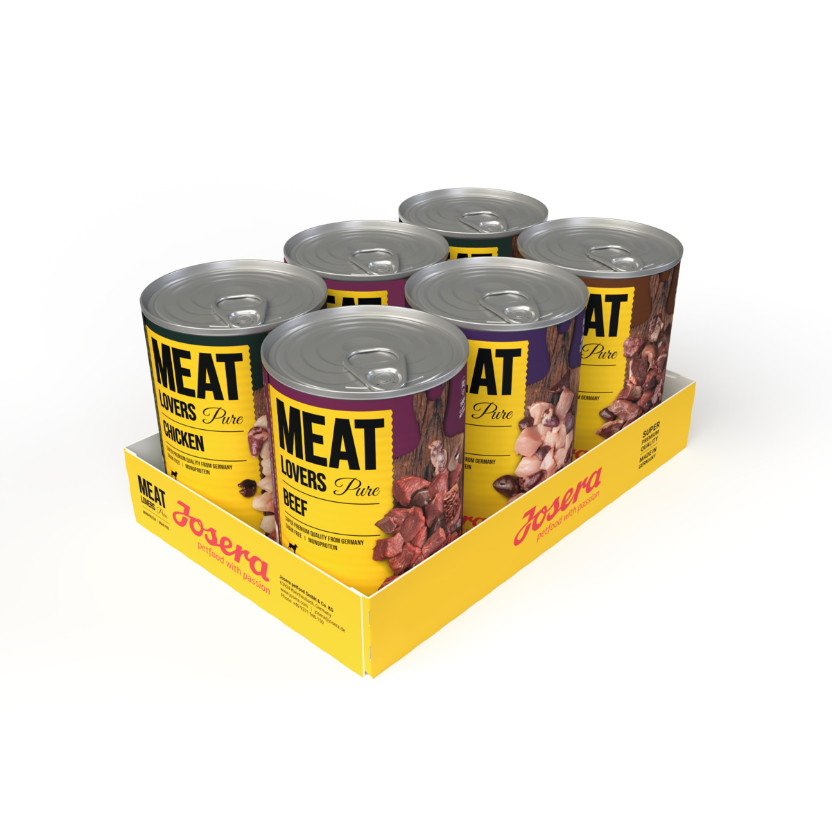 6 Dosen Josera Meat Lovers Pure, Hunde, Huhn & Rind, 400 g-Dose, hochwertiges Nassfutter aus DE, „Perfected with Passion“.