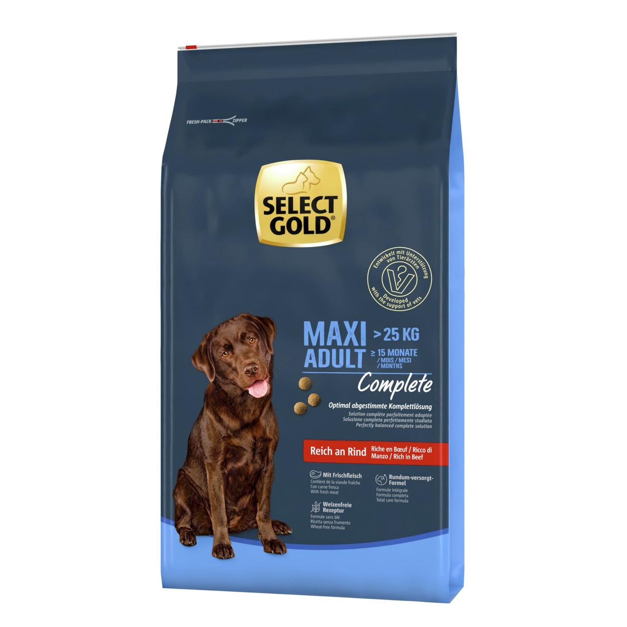 Das Bild zeigt eine blaue Verpackung des Hundefutters „Select Gold Maxi Adult Complete“ für Hunde ab 15 Monaten und einem Gewicht von über 25 kg. Die Geschmacksrichtung ist Rind, und die Verpackung enthält Hinweise auf eine weizenfreie Rezeptur sowie eine