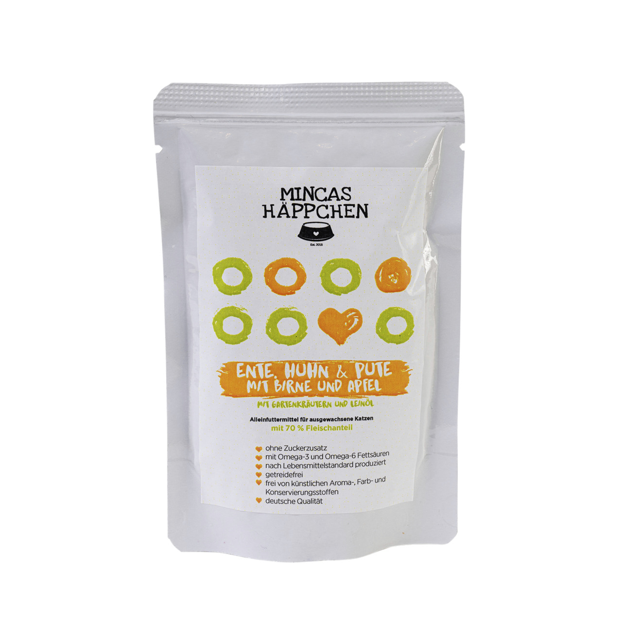 MINCAS HÄPPCHEN „Mincas Häppchen“: Alleinfutter f. Katzen, Ente-Huhn-Pute m. Birne+Apfel, 70 % Fleisch, ohne Zucker-Getreide, dt. Qualität.