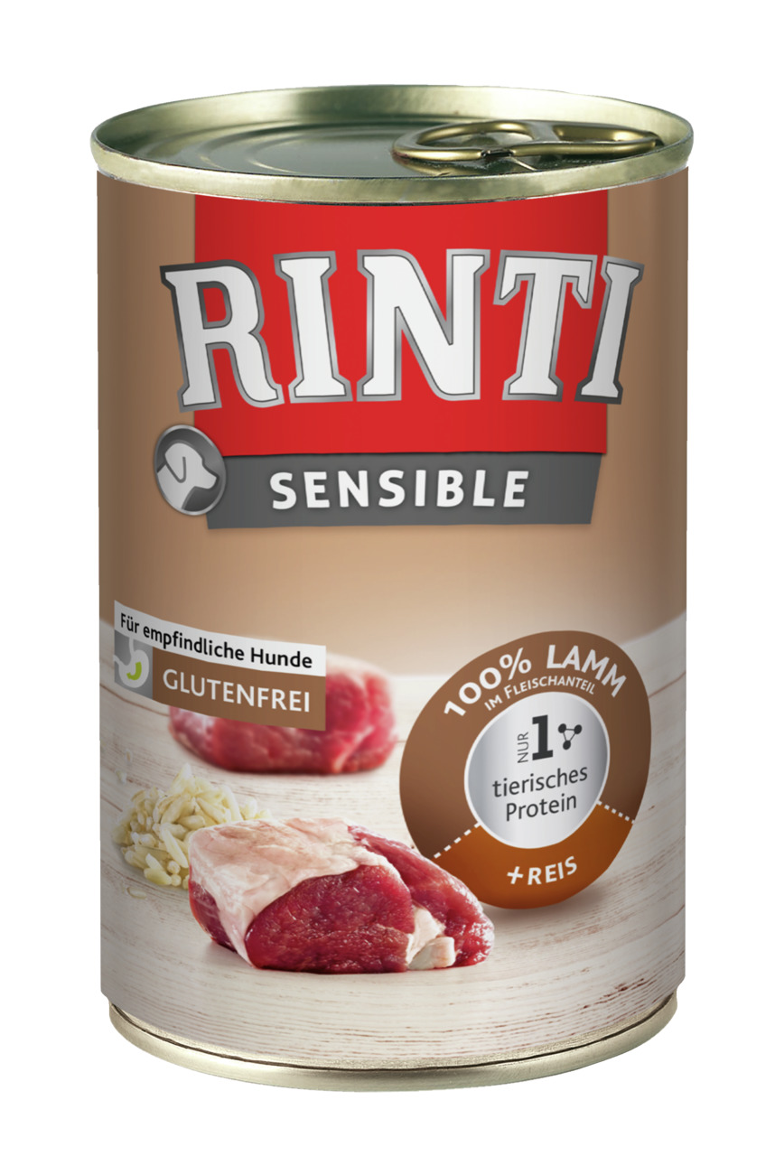 RINTI Sensible Hundefutter, 100 % Lamm + Reis, für empfindl. Hunde, glutenfrei, tier. Protein, 400 g.