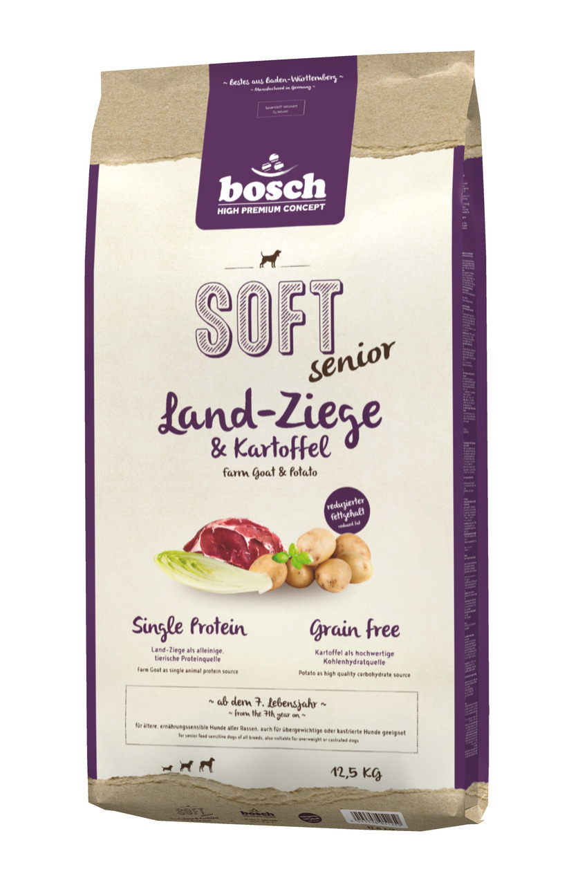 Bosch High Premium Concept Soft Senior, 12,5 kg, für ältere Hunde (ab 7 J.), Land-Ziege & Kartoffel, getreidefrei, Single-Protein.