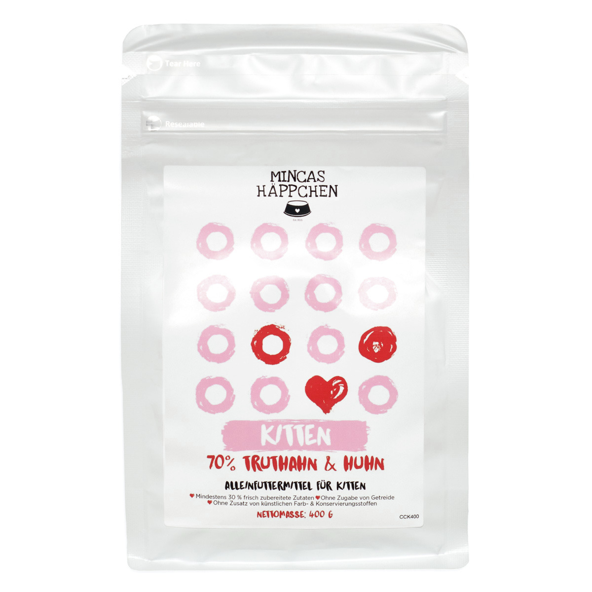 Sparpaket 2 x 400 g Mincas Häppchen Kitten 70 % Truthahn & Huhn Katzen Trockenfutter