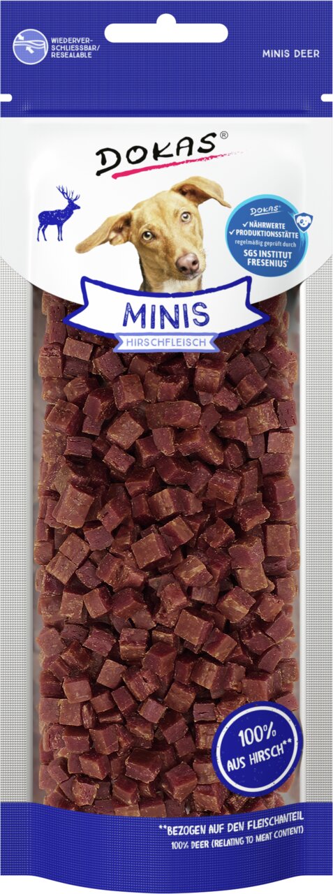 DOKAS Minis Hirschfleisch, Hundesnack, 100 % Hirsch, 70 g, wiederverschließbar, geprüft durch SGS Institut Fresenius.