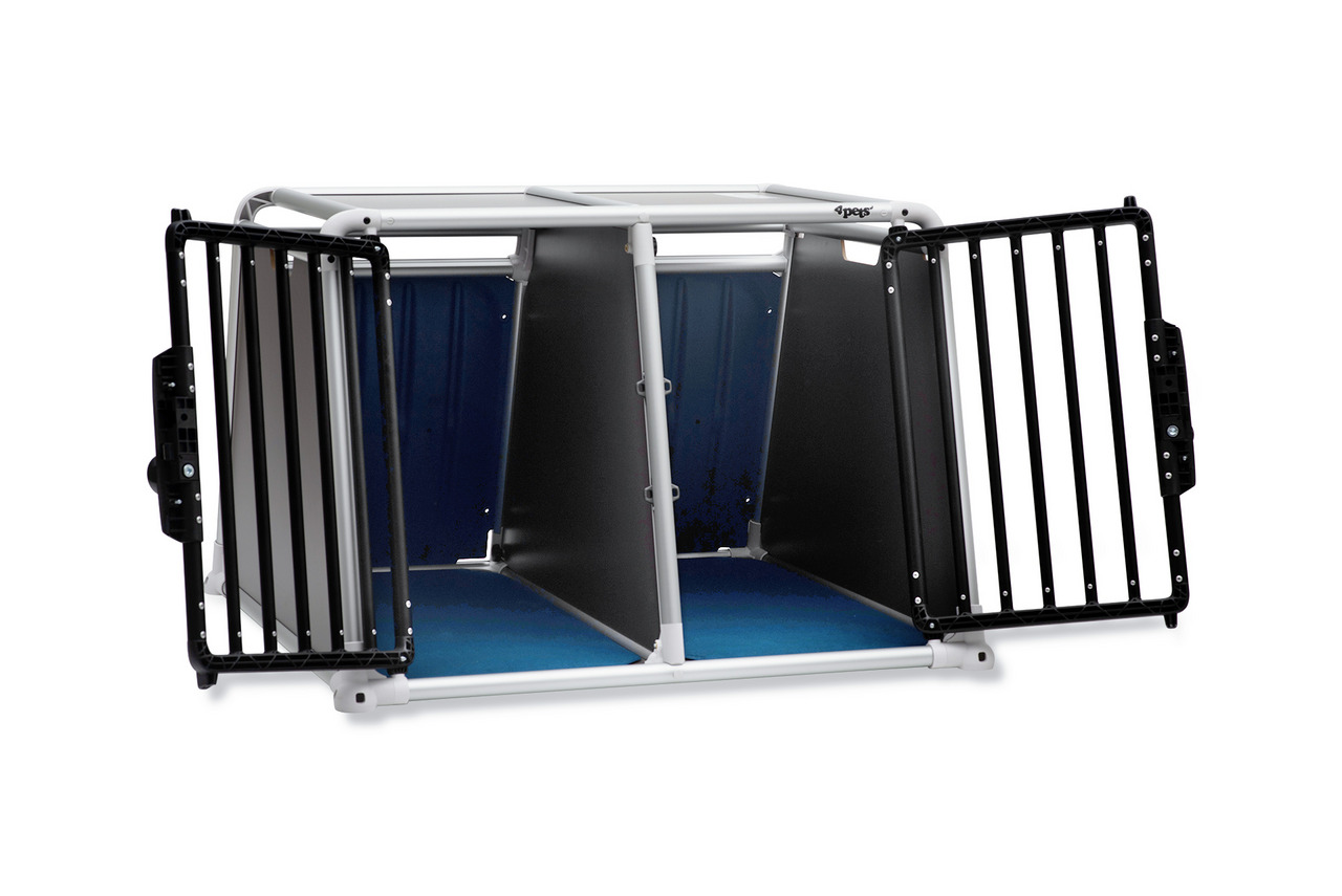 4pets ProLine Hundetransportbox, für 2 Hunde, Alu, 2 Türen mit Gitter, blaue Innenausstattung, leicht zu reinigen, sicher im Auto.