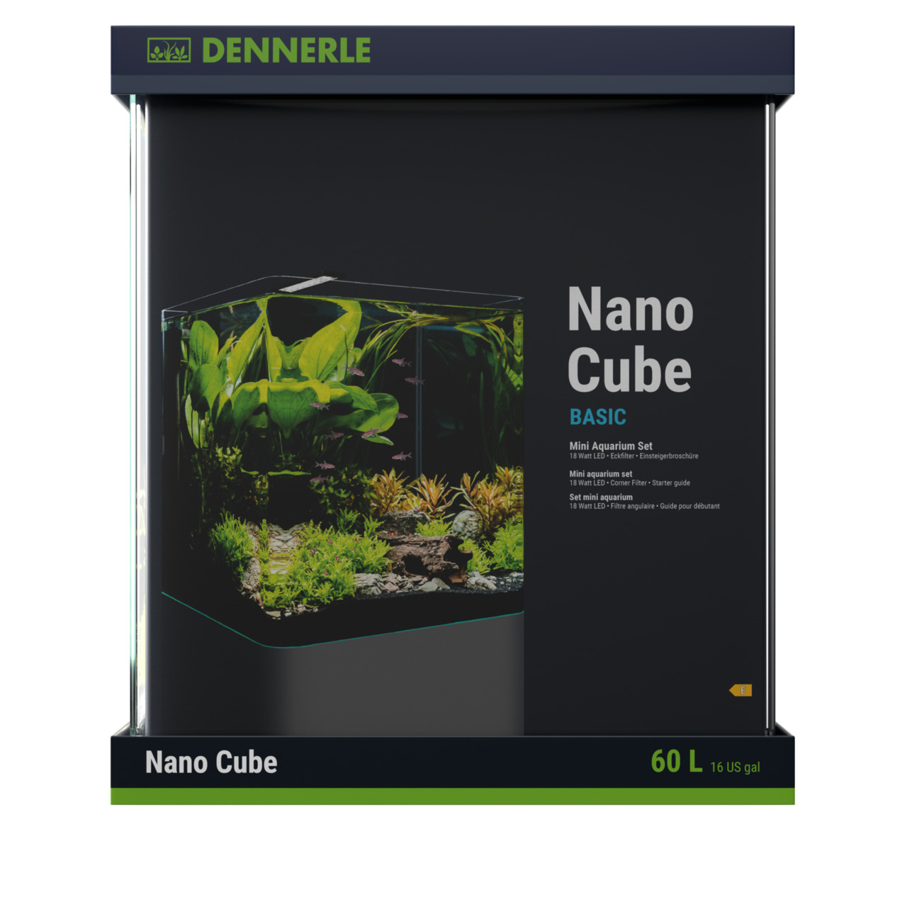 Dennerle Nano Cube Basic Mini Aquarium Set, 60L, mit 18W-LED, Eckfilter & Broschüre. Für Süßwasserpflanzen & kleine Fische.