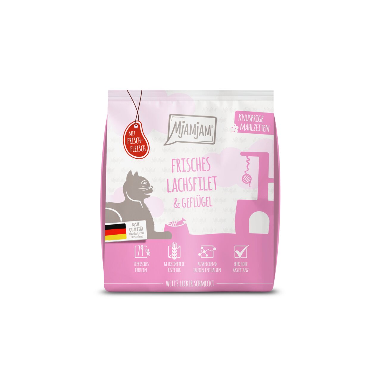 MJAMJAM Frisches Lachsfilet & Geflügel für Katzen, getreidefrei, 29 % Protein, 125 g, mit Frischfleisch, hoher Akzeptanz.