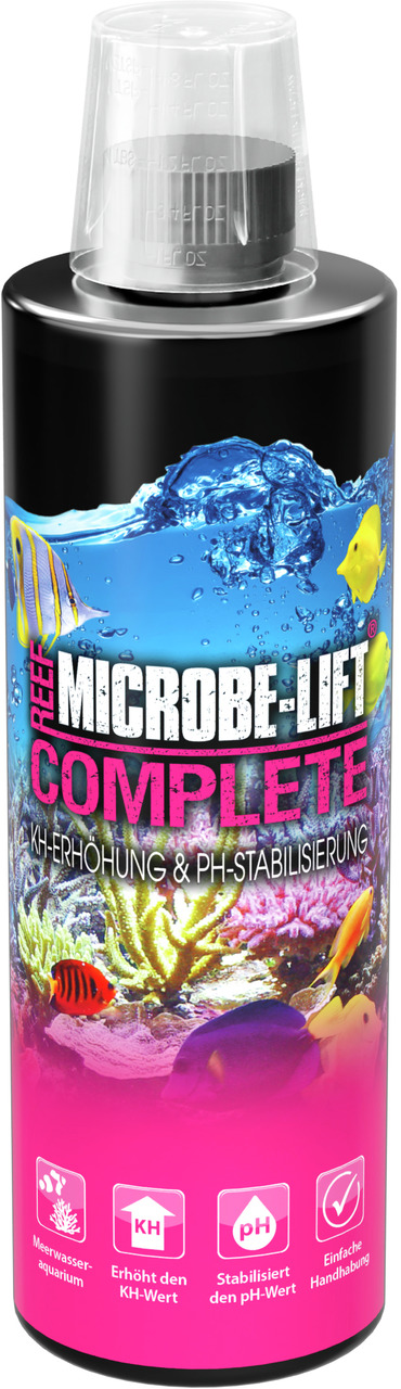 MICROBE-LIFT Complete, Wasserpflege f. Meerwasseraquarien, stabilisiert pH, erhöht KH, 500 ml, farbiges Etikett mit Korallen/Fischen.