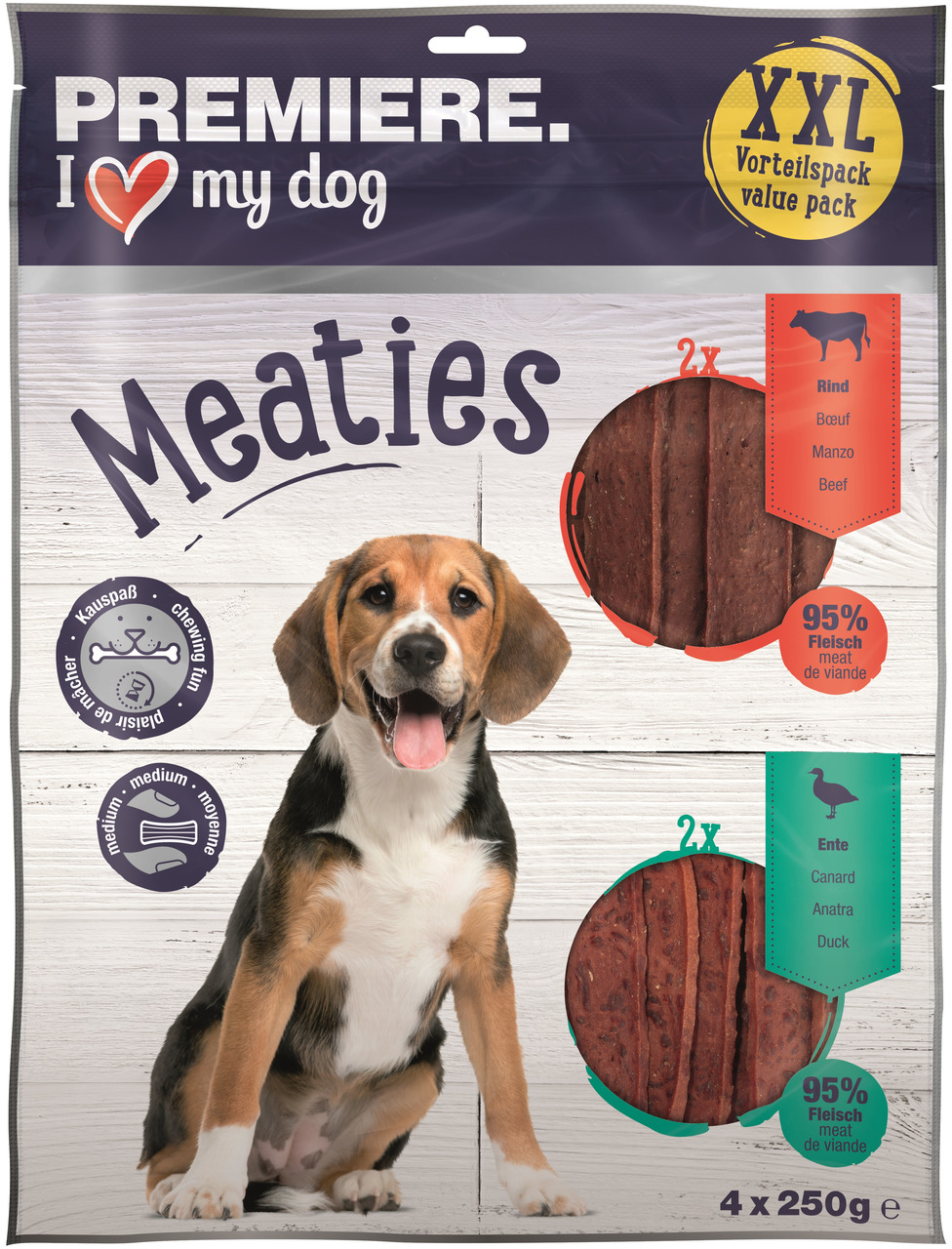 PREMIERE Meaties, Hunde, Rind & Ente, 95 % Fleisch, XXL-Vorteilspack 4x250 g, mittlere Hunde, „Kauspaß für Ihren Hund“.