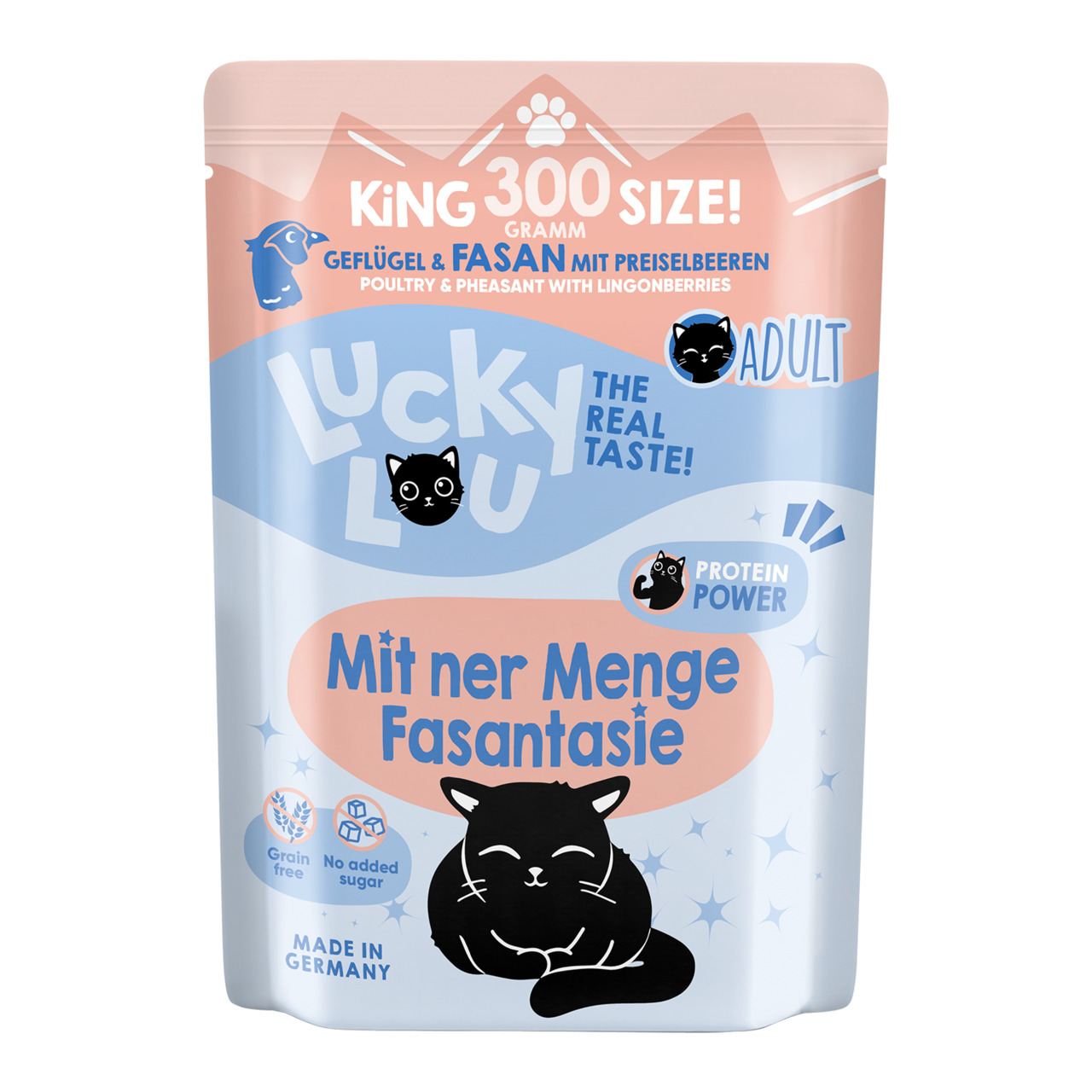 Lucky Lou – Mit ner Menge Fasantasie, für ausgew. Katzen, Geflügel & Fasan mit Preiselbeeren, 300g, getreidefrei, ohne Zucker, DE.