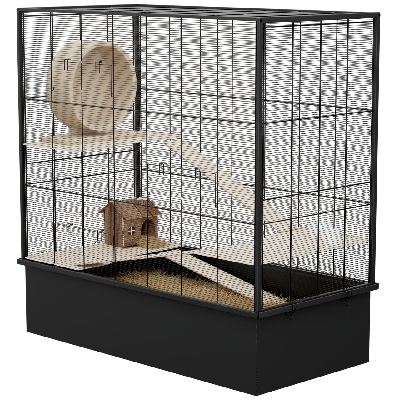 Das Bild zeigt den Allpets Kleintierkäfig, geeignet für Nagetiere wie Hamster oder Mäuse. Der Käfig besteht aus einem schwarzen Metallgitter und einer stabilen Kunststoffwanne. Innen befinden sich Holzplattformen, Rampen, ein Laufrad und ein kleines Holzh