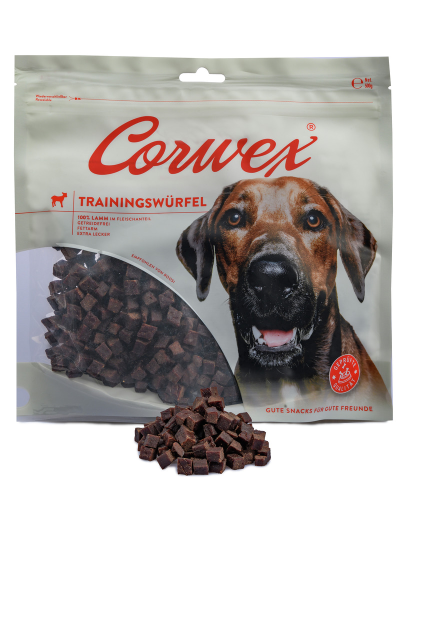 Corwex Trainingswürfel, Hundesnacks, 100 % Lamm, getreidefrei, fettarm, extra lecker, 300 g, „Gute Snacks für gute Freunde“.