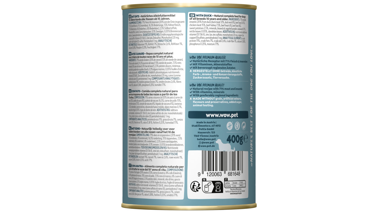 Das Bild zeigt eine 400g-Dose des Hundefutters „WOW DOG“ mit Ente, einem natürlichen Alleinfuttermittel für Hunde aller Rassen ab 10 Monaten. Die Rezeptur enthält 71% Fleisch und Innereien, ergänzt mit Vitaminen und Mineralstoffen. Es ist getreidefrei, oh