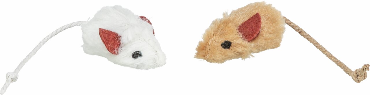 Zwei TRIXIE Spielmäuse für Katzen, eine in Weiß und eine in Beige, jeweils mit roten Ohren und schwarzen Augen. Die Mäuse bestehen aus weichem Plüsch und haben eine Schwanzschnur zum Spielen. Ideal für Katzen zur Förderung von Bewegung und Spieltrieb. Per