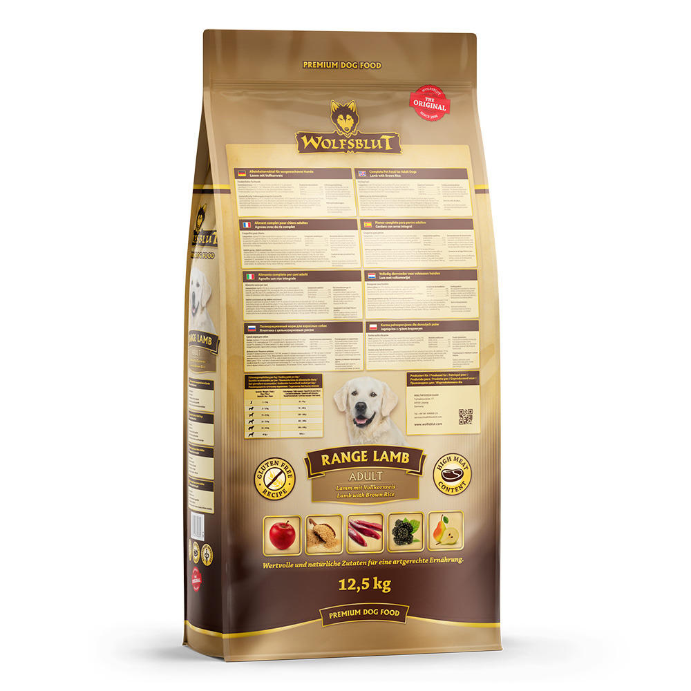 Wolfsblut Range Lamb Adult, 12,5 kg, für ausgewachsene Hunde, Lamm & Vollkornreis, glutenfrei, natürliche Zutaten.