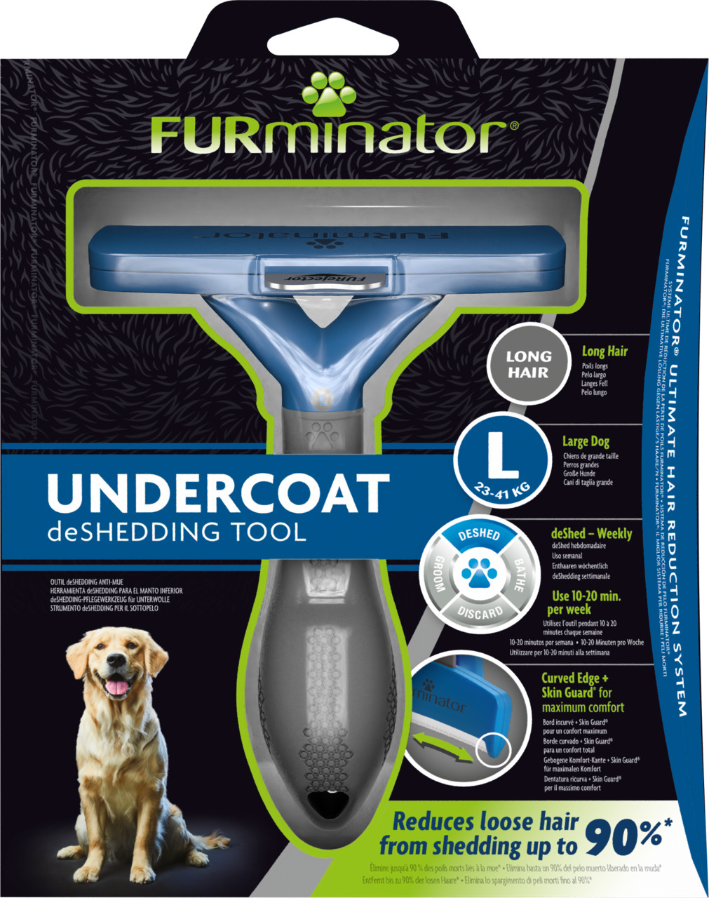 FURminator Undercoat deShedding Tool, Hunde, langes Fell, groß (23-41 kg), reduziert Haare bis 90 %, Komfort durch Skin Guard, 10-20 Min-Woche.