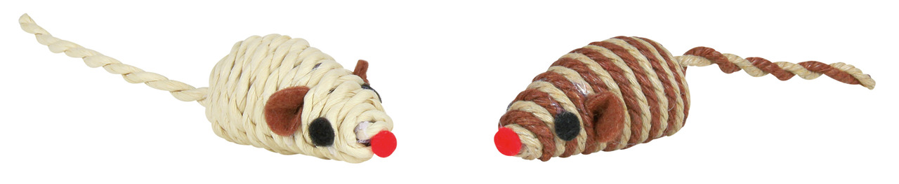 2 Spielmäuse TRIXIE, geflochtenes Seil, für Katzen, Naturfarben (Beige-Braun-Beige gestreift), rote Nasen, 2 Stk., ideal zum Spielen-Jagen.