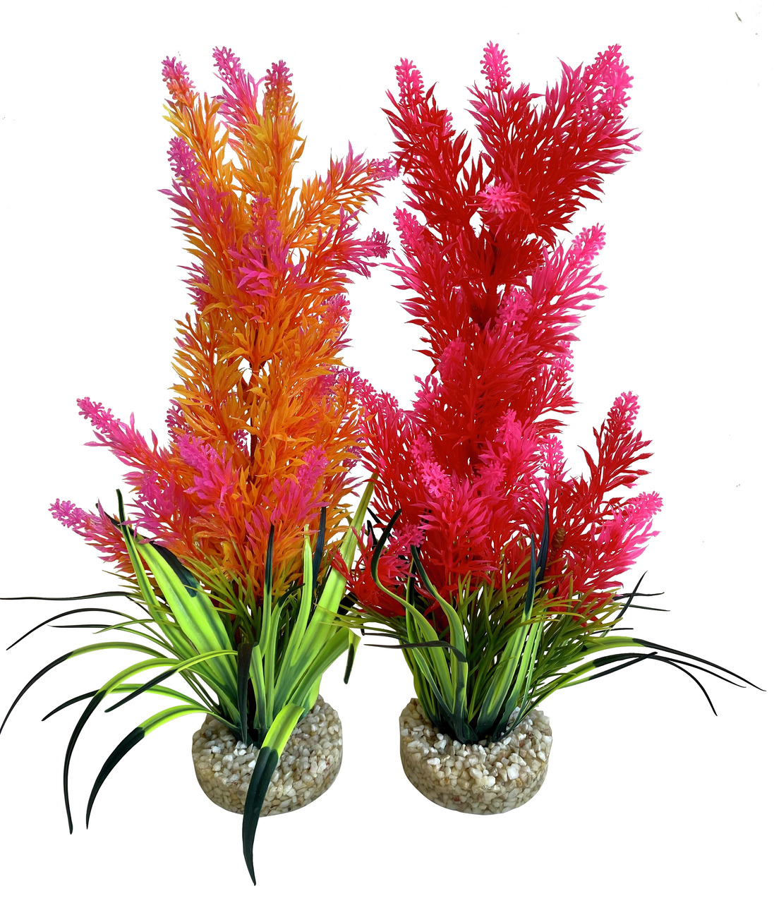 Sydeco Aquarienpflanzen, 2 Stk., Orange/Pink & Rot/Pink, mit grünen Blättern, auf Kieselsockeln, ideal für Aquariendeko.