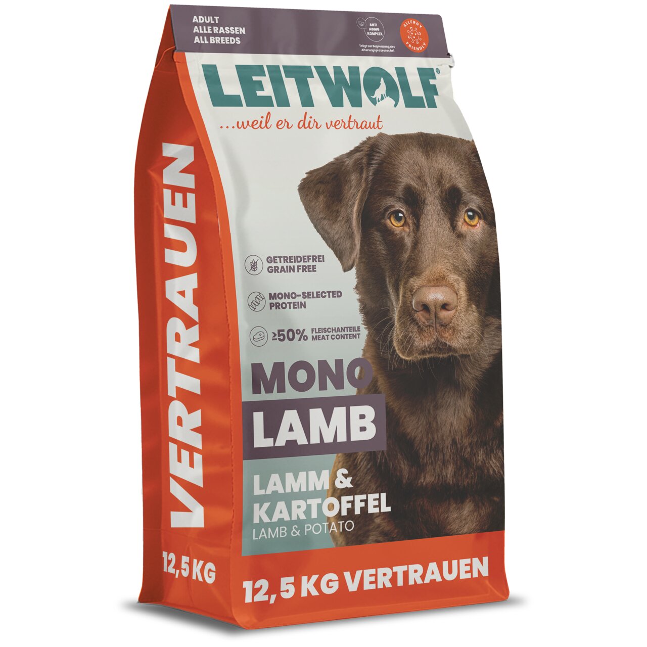 Leitwolf Mono Lamb Hundefutter für adulte Hunde aller Rassen, Lamm & Kartoffel, getreidefrei, Monoprotein, 12,5 kg.