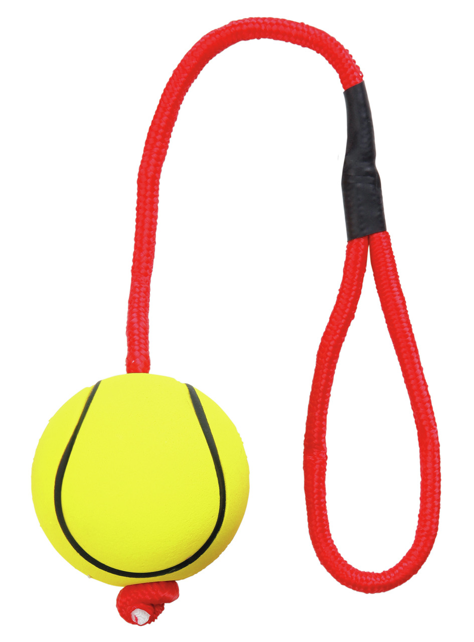 TRIXIE Hundespielzeug: Tennisball mit roter Nylonschlaufe, für Hunde aller Größen, ideal für Wurf--Zerrspiele, innen & außen.