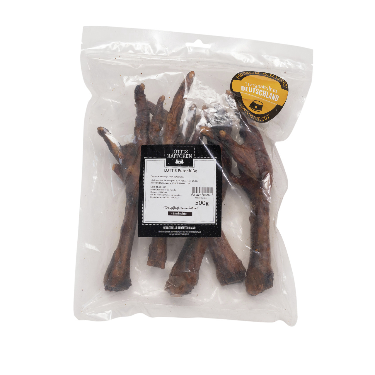 Das Bild zeigt eine transparente Verpackung mit getrockneten Putenfüßen der Marke "Lottis Häppchen". Das Produkt ist für Hunde geeignet und dient als natürlicher Kausnack. Die Verpackung enthält 500 g und trägt das Label "Hergestellt in Deutschland". Idea