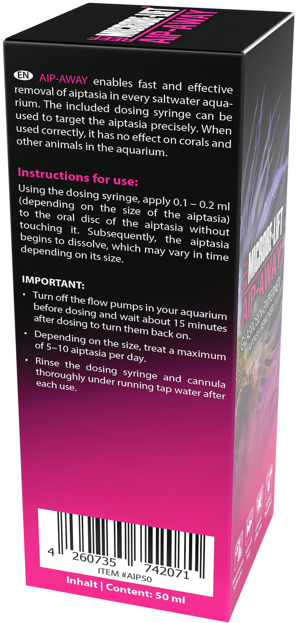 Das Bild zeigt die Verpackung des Produkts "MICROBE-LIFT AIP-AWAY", das speziell für die Entfernung von Glasrosen (Aiptasia) in Meerwasseraquarien entwickelt wurde. Es richtet sich an Aquarienbesitzer und enthält 50 ml. Die Verpackung hebt hervor, dass da