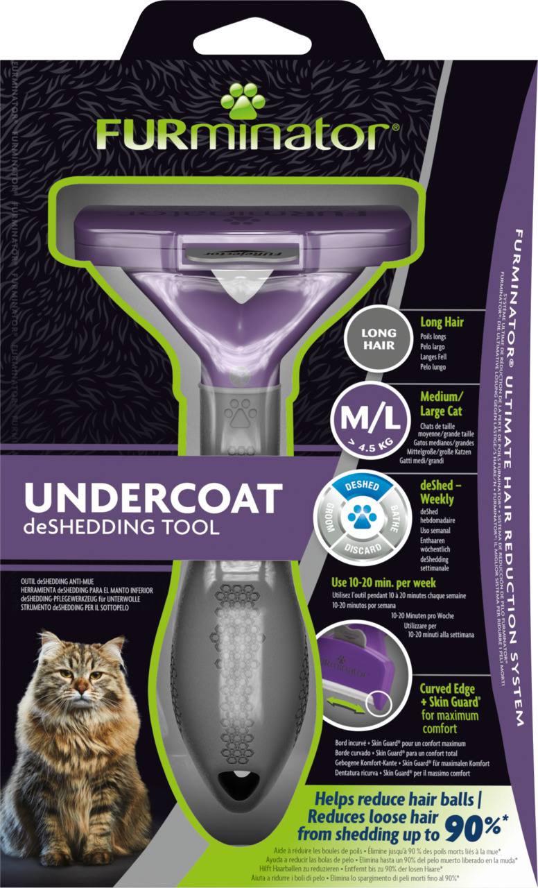 FURminator Undercoat deShedding Tool, mittelgr.-große Katzen, langes Fell, entfernt Unterwolle, reduziert Haarballen bis 90 %, lila/grün.