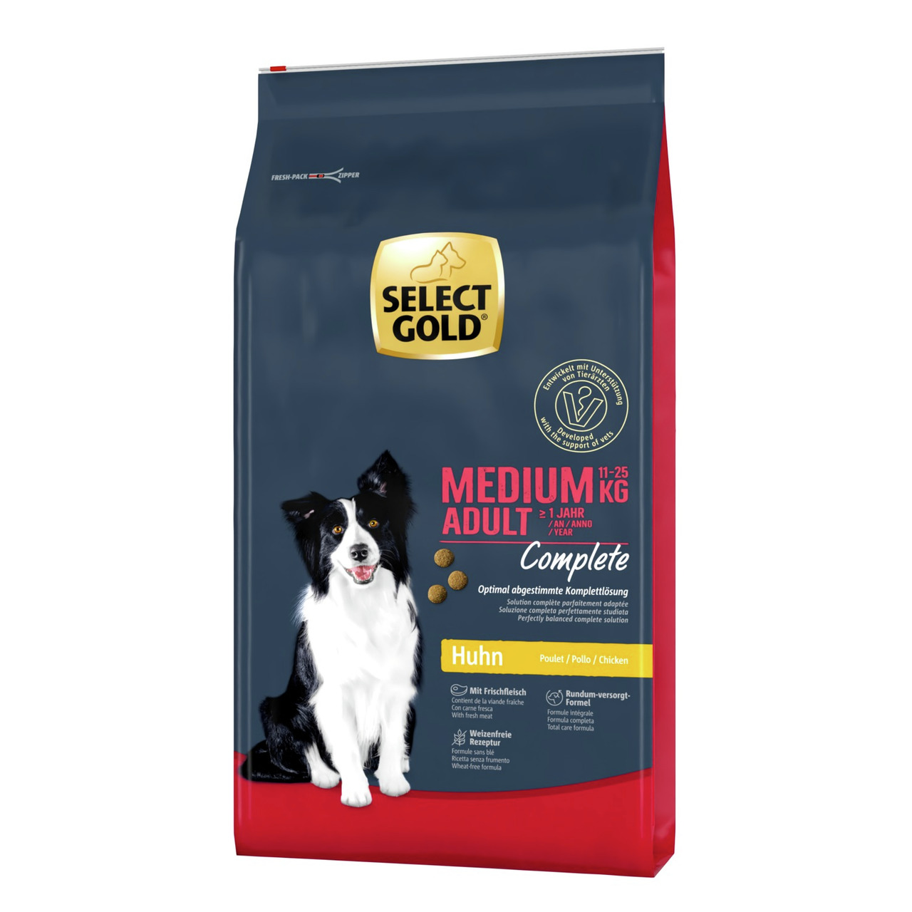 Select Gold Medium Adult Complete, mittelgr. Hunde (11–25 kg, ab 1 J.), Huhn, 12 kg, Frischfleisch, Rundum-Versorgung, weizenfrei.