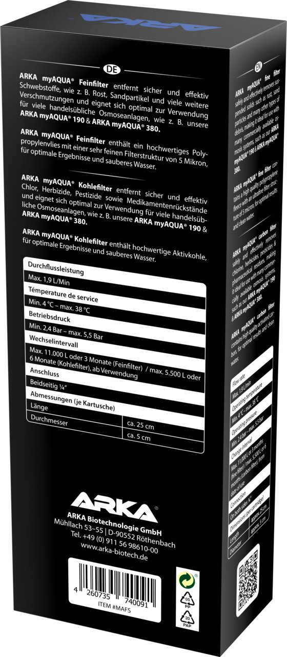 ARKA myAQUA Fein- und Kohlefilter für Osmoseanlagen, entfernt Schadstoffe und Chlor, für Aquaristik, 2 Kartuschen.