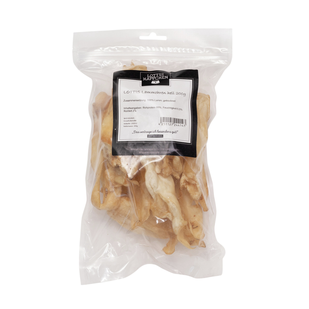 Lottis Häppchen Lammohren hell 200g, für Hunde, 100 % Lammohren, natürl. Kauartikel, Rohprotein 80 %, Feuchtigkeit 5,5 %, Rohfett 2 %.