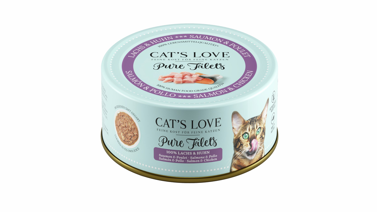 Runde Dose des Katzenfutters „Cat's Love Pure Filets“ in der Geschmacksrichtung Lachs & Huhn. Geeign