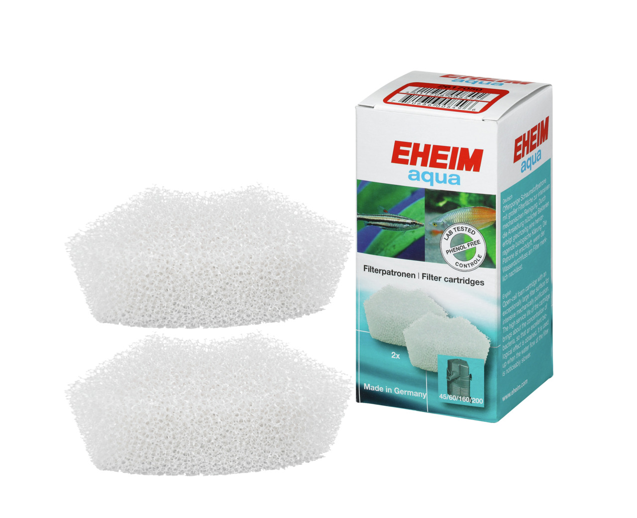 Das Bild zeigt zwei weiße Filterpatronen der Marke EHEIM aus der Produktreihe "aqua" sowie die dazugehörige Verpackung. Die Filterpatronen sind speziell für Aquarien geeignet und dienen der Reinigung des Wassers. Auf der Verpackung sind Hinweise wie "Lab 