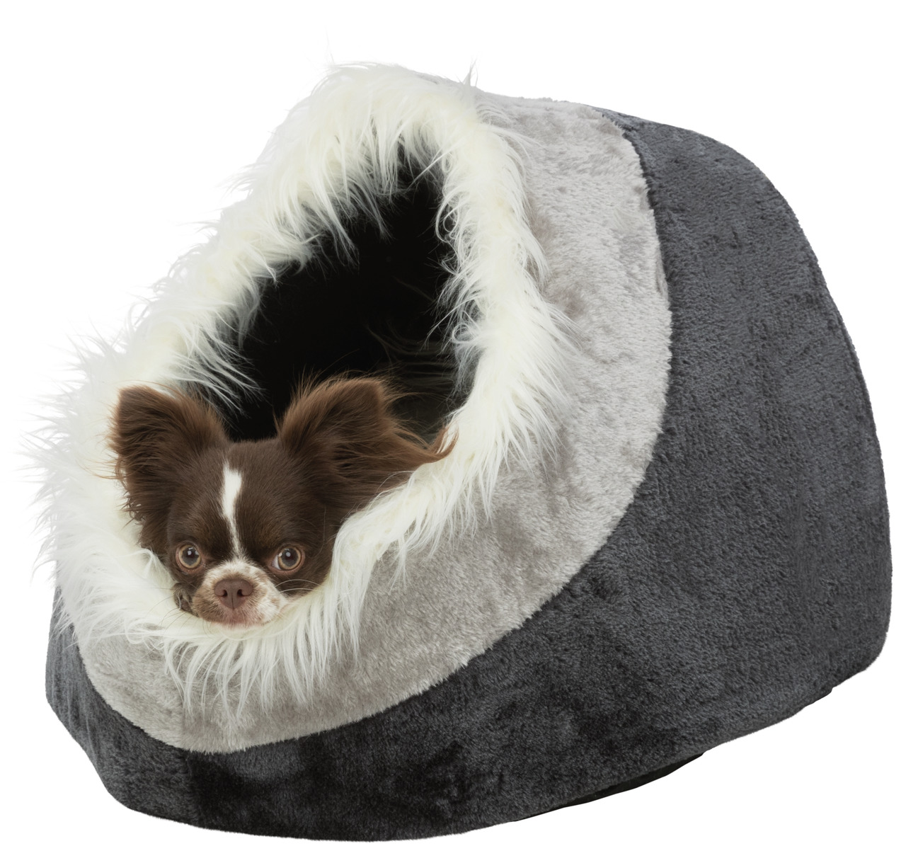TRIXIE Haustierbett "Minou", Höhlenform, für kl. Hunde-Katzen, grau mit weißem Kunstfellrand, ideal zum Einkuscheln.