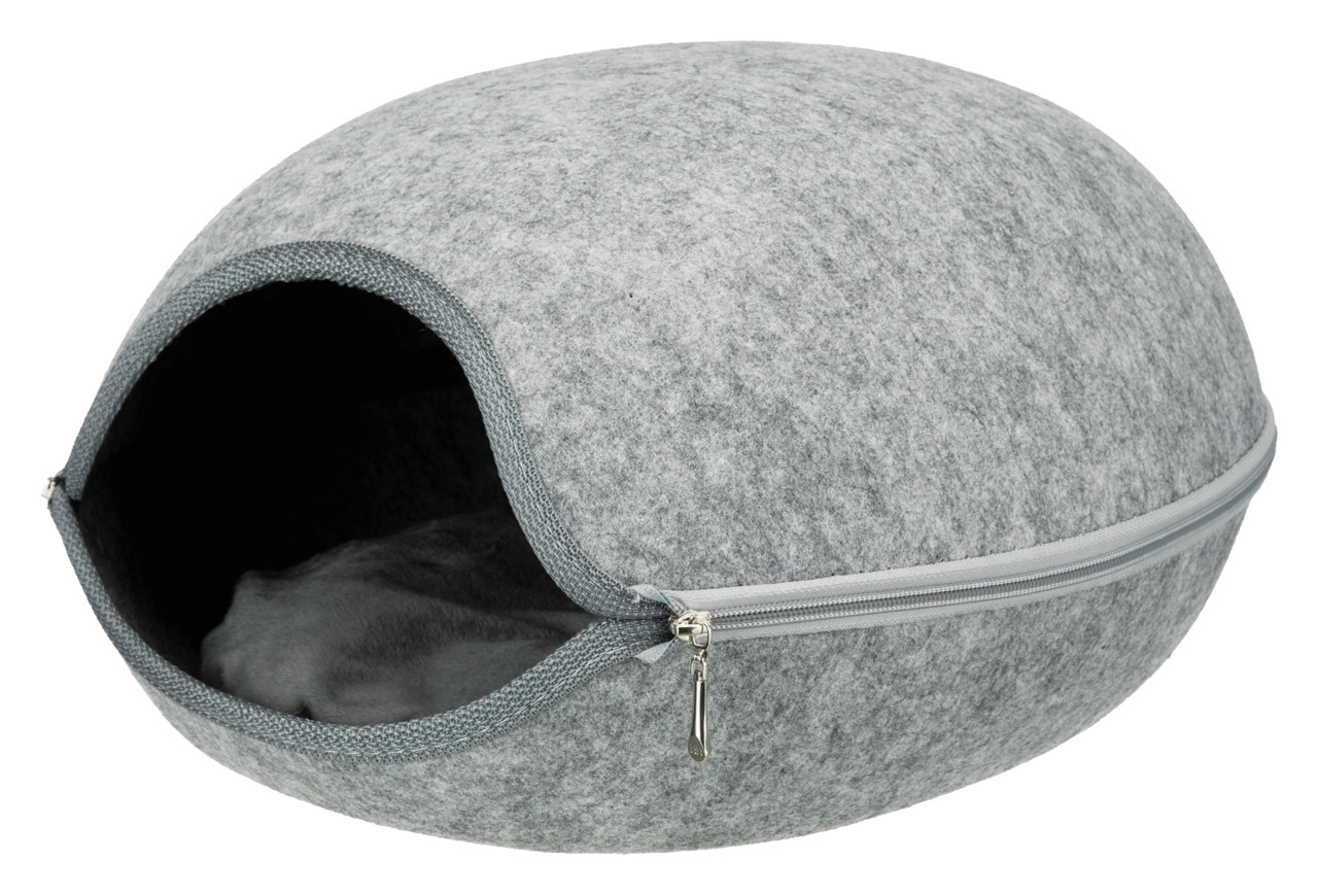 Graues, kugelförmiges Katzenbett von TRIXIE mit Reißverschluss, geeignet für Katzen. Das Bett besteht aus Filzmaterial und bietet eine gemütliche, geschlossene Höhle mit weicher Innenpolsterung. Ideal für Katzen, die sich zurückziehen möchten. Maße und ge