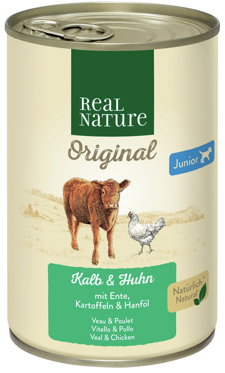 Real Nature Original Hundefutter Junior, Kalb & Huhn mit Ente, Kartoffeln & Hanföl, 400 g, „Natürlich Natural“.