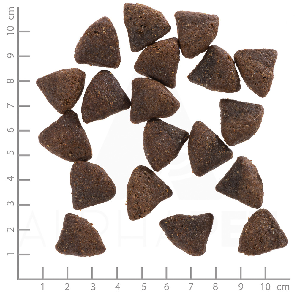 Das Bild zeigt Wolfsblut Trockenfutter für Hunde in dreieckiger Form. Die Marke ist Wolfsblut, und das Produkt richtet sich an Hunde als Zielgruppe. Die Kroketten sind dunkelbraun und haben eine gleichmäßige Größe, wie durch das Lineal im Bild ersichtlich