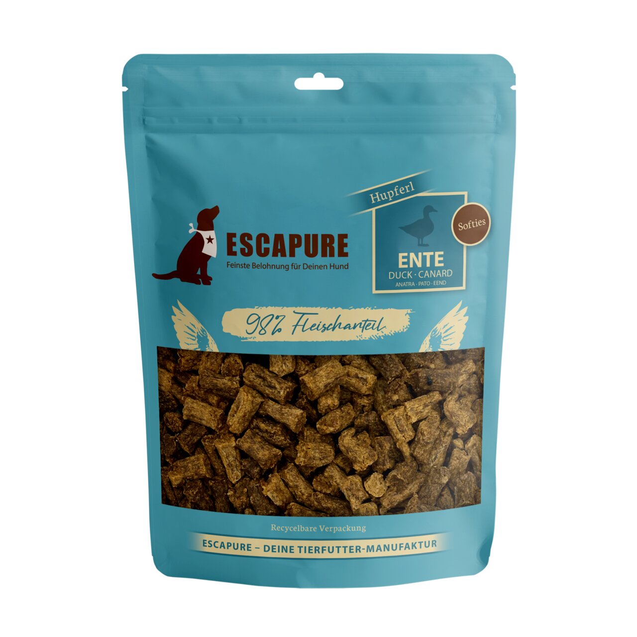 ESCAPURE Hupferl Ente Softies für Hunde, 98 % Fleischanteil, Geschmacksrichtung Ente, 150 g, in recycelbarer Verpackung.